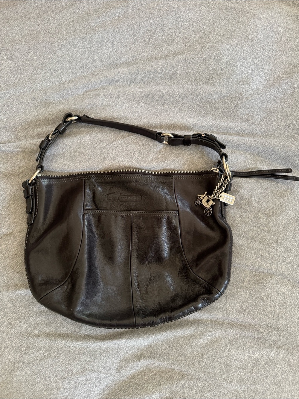 Coach Black Leather Shoulder Bag with Charm